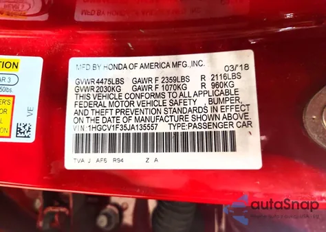 2018 Honda Accord Sport z USA, uszkodzony, nr VIN 1HGCV1F35JA135557